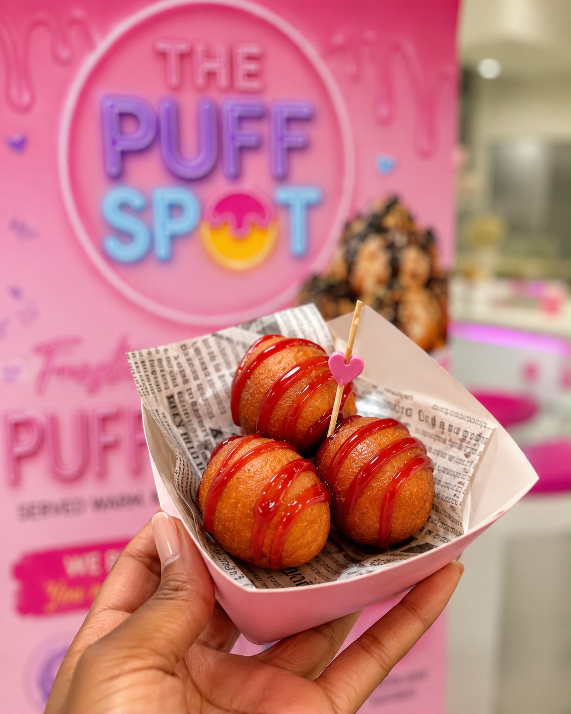 A happy guest holding a cup of warm puff puff topped with chocolate and sprinkles