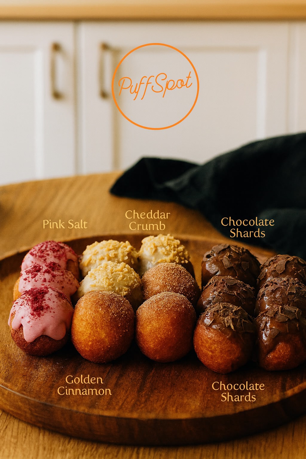 A wooden board of puff puff topped with pink salt, cheddar crumb, golden cinnamon and chocolate shards